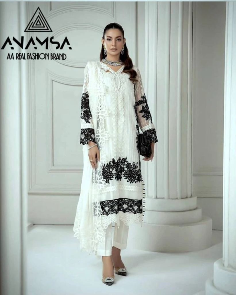 Anamsa 436 White Georgette Embroidery Pakistani Style Salwar Suit 