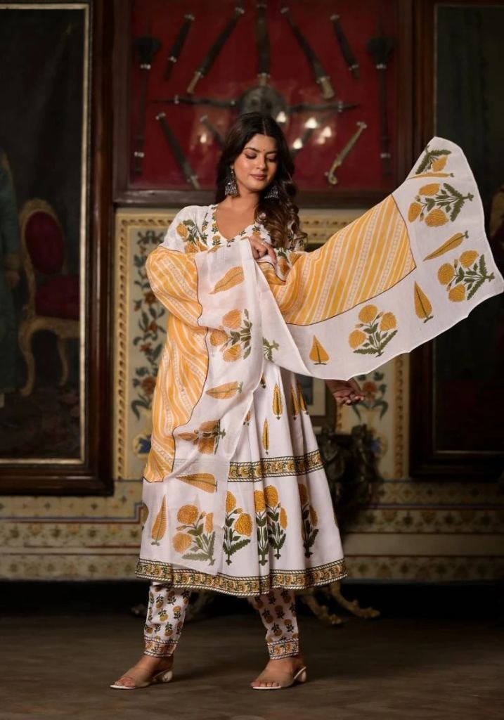 Dhruvi 131 White Yellow Rayon Floral Printed Ethnic Wear Salwar Suit 
