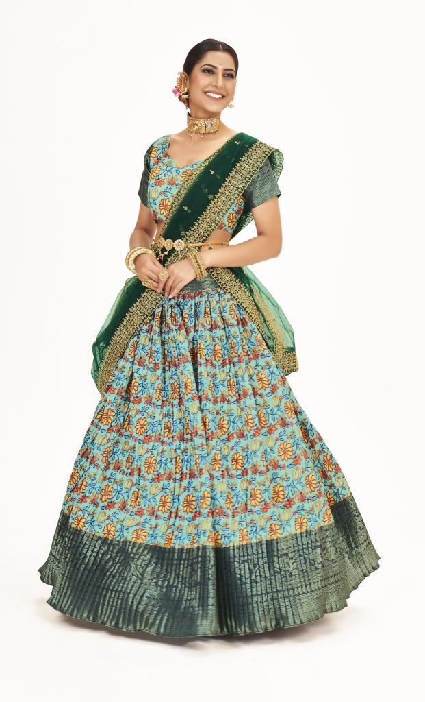 Seafoam Green To Dark Green Banarasi Designer Traditional Half Saree lehenga collection  