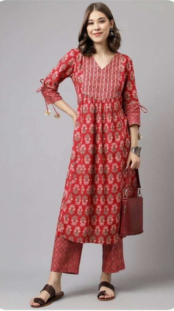 Set 089 Red Cotton Printed Casual Wear Kurti With Pant 