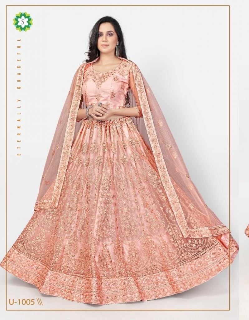 Hand Embroidered Brocade Lehenga in Peach : LXW742