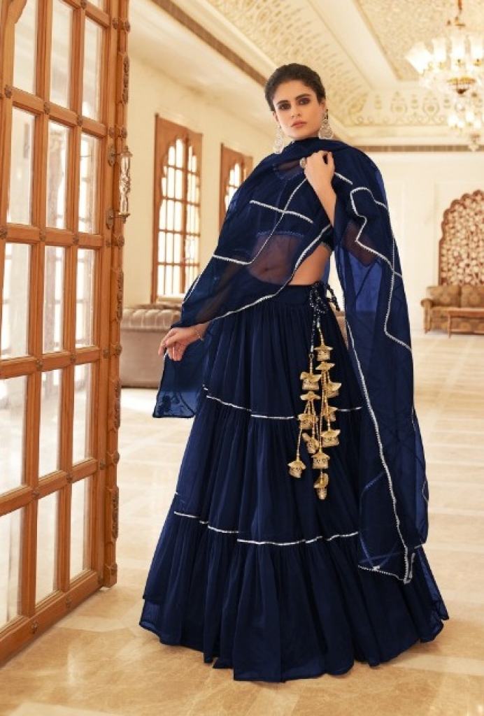 Blue Designer Lehenga Choli in Velvet with Dori Work