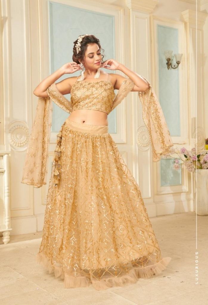 Beautiful Indian woman in a golden and orange lehenga choli Stock Photo -  Alamy