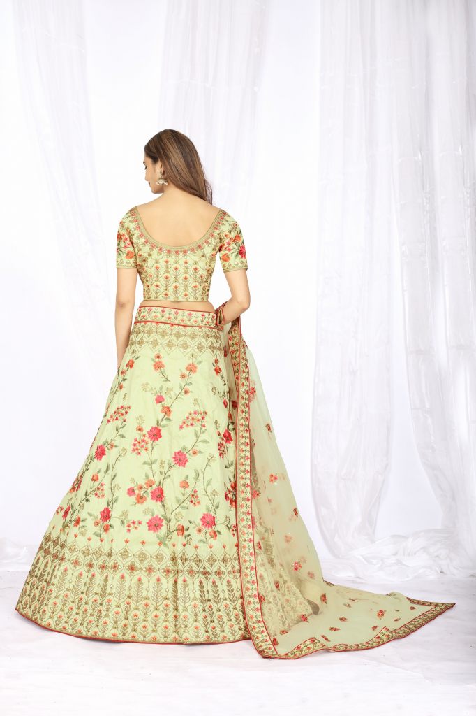 Light Green Aari and Stone work Semi-Stitched Designer Bridal Lehenga –  Seasons Chennai