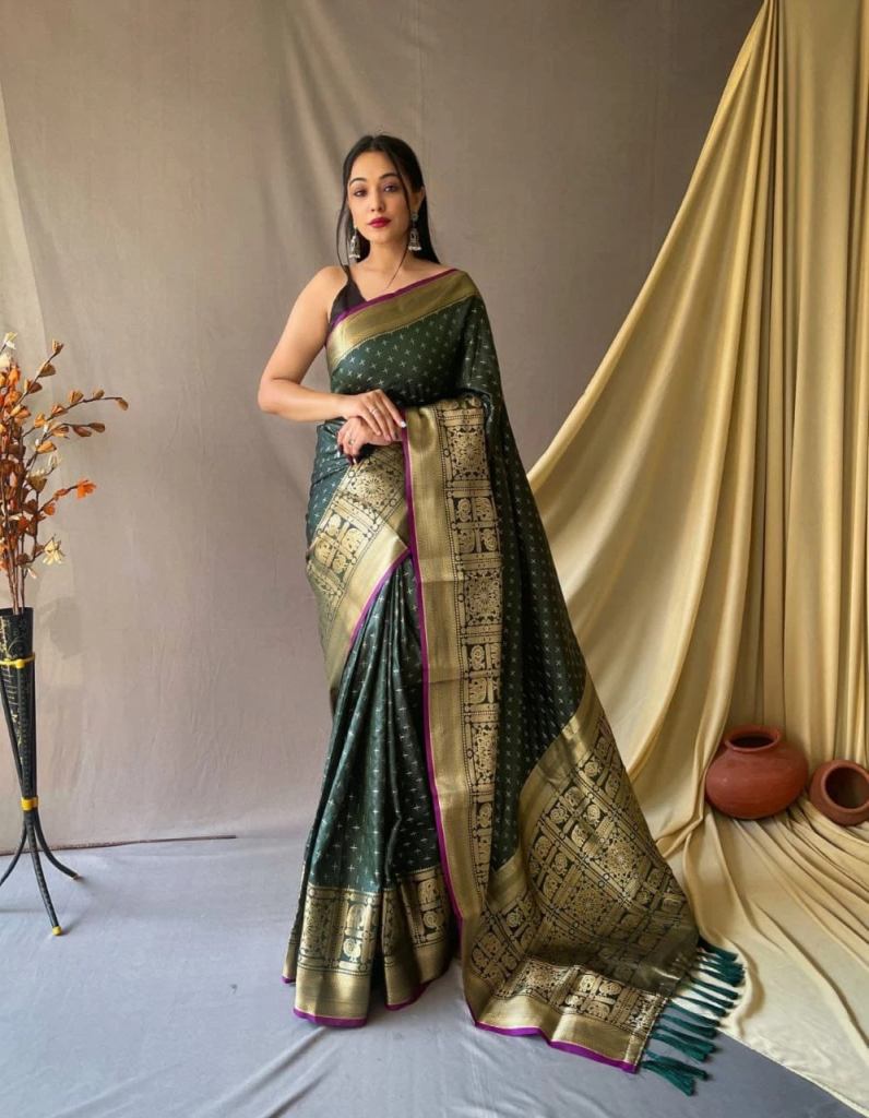 Cream & Gold Coloured Aasam Silk Weaving saree with Zari woven Temple –  Royskart