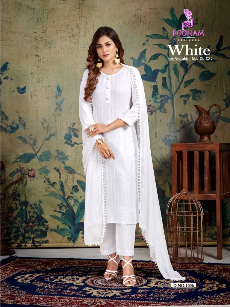 Buy Poonam White Fancy Kurti Pant With Dupatta Collection