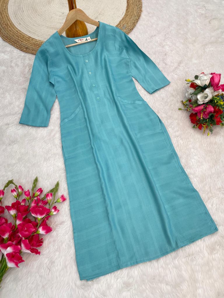 Sky Blue Cotton Straight Kurtis  