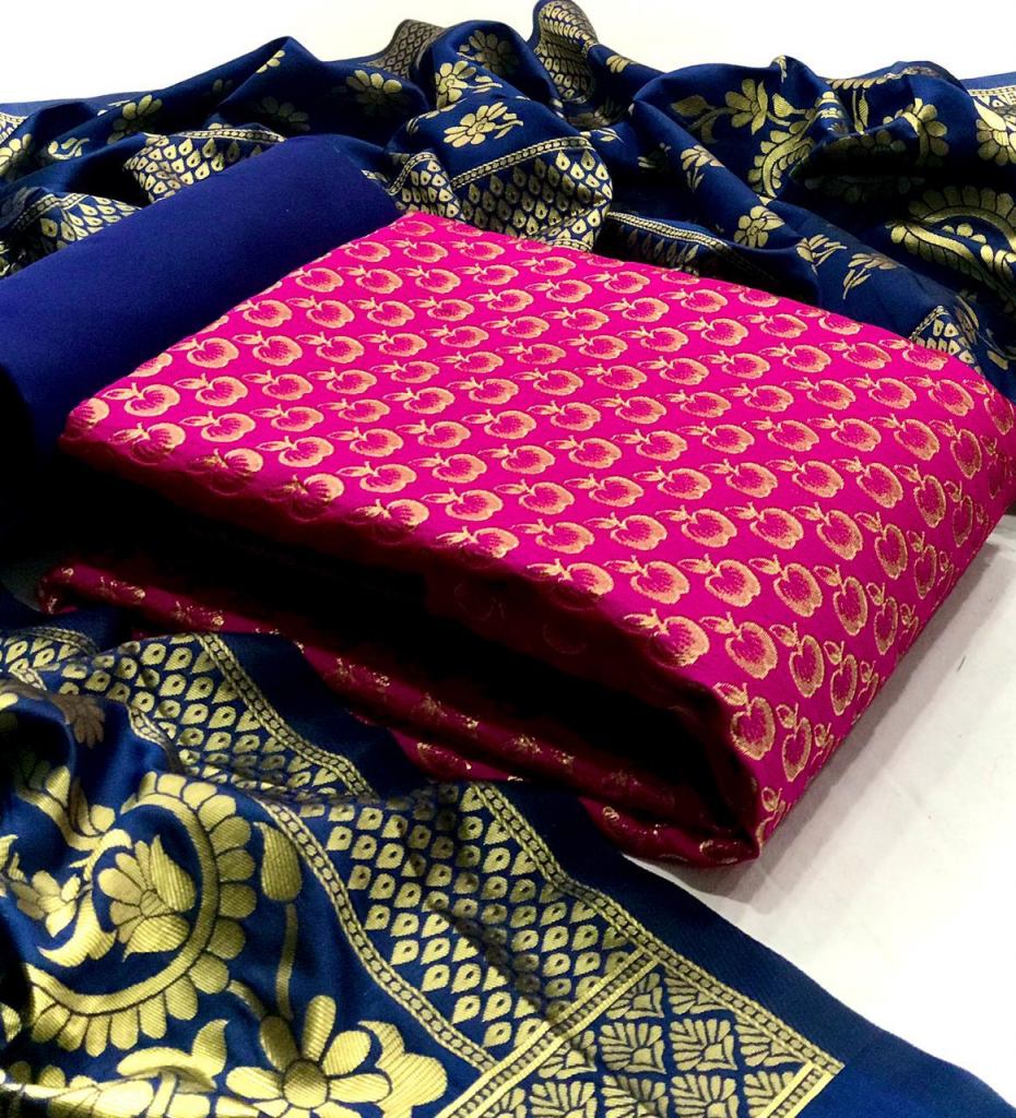 Grey And Pink Banarasi Silk Dress Material Heaving Heavy Banarasi Dupatta -  Kimisha - 2962360