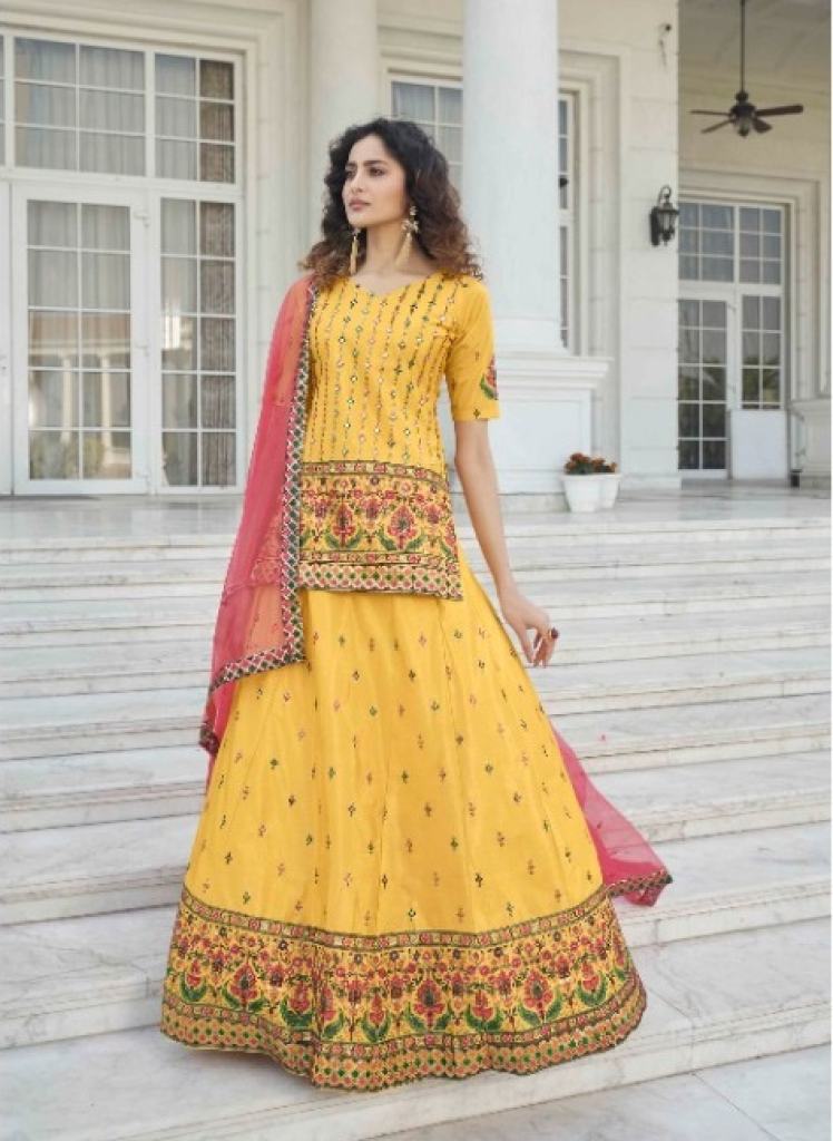 Party Wear Pink And Yellow Stylish Crop Top Lehenga Choli at Rs 850 in  Hyderabad
